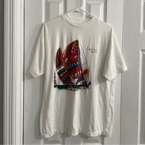 VTG | Vintage Metallic Cancun Mexico Sailboat Mock Neck Graphic Tee Shirt | XL